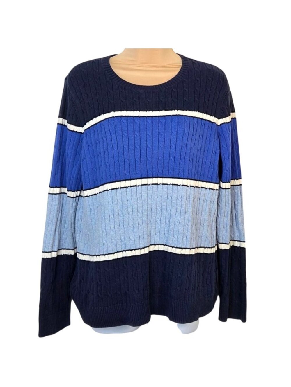 Croft & Barrow XL Cable Knit Striped Sweater Navy Blue Light Blue White Crewneck